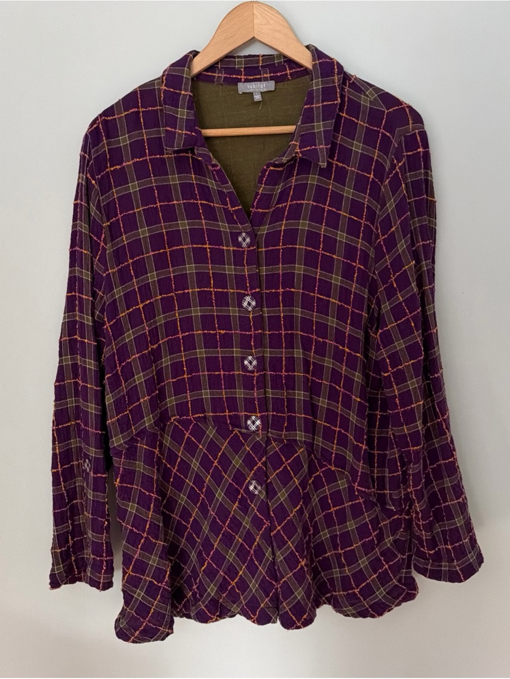 Habitat Purple Plaid Green Tunic Gauzy Cotton Blend Langenlook Artsy Buttons La
